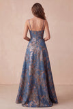 Vestido formal comprido longo com alças finas em jaquard azul-marinho jacquard