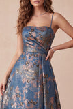 Vestido formal comprido longo com alças finas em jaquard azul-marinho jacquard