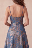 Vestido formal comprido longo com alças finas em jaquard azul-marinho jacquard