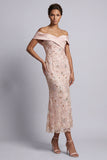 Vestido Midi de Mãe da Noiva com Contas de Sereia no Ombro