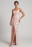 Vestido de Mãe da Noiva, Sereia Blush com decote quadrado com missangas, longo e franzido