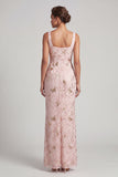 Vestido de Mãe da Noiva, Sereia Blush com decote quadrado com missangas, longo e franzido