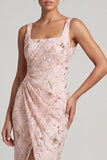 Vestido de Mãe da Noiva, Sereia Blush com decote quadrado com missangas, longo e franzido