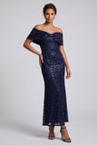 Vestido Midi Mãe da Noiva Mãe da Noiva em Azul Marinho Brilhante Azul-marinho Azul Brilhante