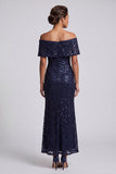 Vestido Midi Mãe da Noiva Mãe da Noiva em Azul Marinho Brilhante Azul-marinho Azul Brilhante