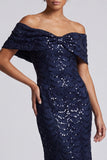 Vestido Midi Mãe da Noiva Mãe da Noiva em Azul Marinho Brilhante Azul-marinho Azul Brilhante