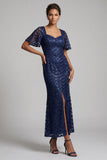 Sereia brilhante azul-marinho Mangas esvoaçantes Lantejoulas Vestido Midi Mãe da Noiva com fenda