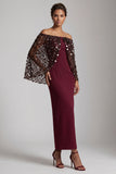 Vestido midi de mãe da noiva com sereia bordô sem ombros