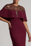 Vestido de Mãe da Noiva de Sereia Borgonha de Gola Redonda Midi com Capa