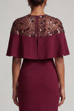 Vestido de Mãe da Noiva de Sereia Borgonha de Gola Redonda Midi com Capa