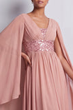 Vestido Midi Midi Mãe da Noiva Mãe da Noiva em chiffon azul celeste com mangas cape