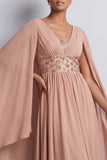 Vestido Midi Midi Mãe da Noiva Mãe da Noiva em chiffon azul celeste com mangas cape