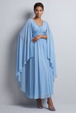 Vestido Midi Midi Mãe da Noiva Mãe da Noiva em chiffon azul celeste com mangas cape