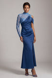 Vestido Midi de Mãe da Noiva de Sereia Azul de Gola Alta e Franzida com Fenda