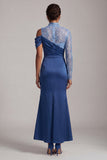 Vestido Midi de Mãe da Noiva de Sereia Azul de Gola Alta e Franzida com Fenda
