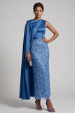 Vestido Midi Mãe da Noiva Vestido Azul de Sereia de Gola Redonda com Capa Lateral