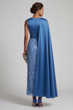 Vestido Midi Mãe da Noiva Vestido Azul de Sereia de Gola Redonda com Capa Lateral