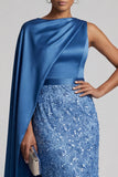 Vestido Midi Mãe da Noiva Vestido Azul de Sereia de Gola Redonda com Capa Lateral
