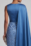Vestido Midi Mãe da Noiva Vestido Azul de Sereia de Gola Redonda com Capa Lateral
