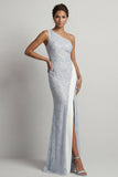Vestido Longo de Mãe da Noiva Vestido Azul Poeirento, Sereia de Um Ombro, Um Ombro Só,