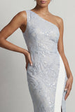 Vestido Longo de Mãe da Noiva Vestido Azul Poeirento, Sereia de Um Ombro, Um Ombro Só,