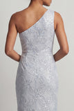 Vestido Longo de Mãe da Noiva Vestido Azul Poeirento, Sereia de Um Ombro, Um Ombro Só,