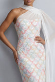 Vestido Midi Mãe da Noiva com Um Ombro Azul Claro Sereia Azul Claro