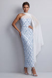 Vestido Midi Mãe da Noiva com Um Ombro Azul Claro Sereia Azul Claro