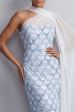 Vestido Midi Mãe da Noiva com Um Ombro Azul Claro Sereia Azul Claro