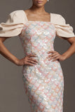 Vestido Midi Mãe da Noiva com Lantejoulas de Sereia Verde Claro com Mangas Bufantes