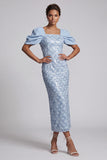 Vestido Midi Mãe da Noiva com Lantejoulas de Sereia Verde Claro com Mangas Bufantes