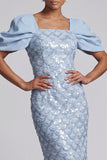 Vestido Midi Mãe da Noiva com Lantejoulas de Sereia Verde Claro com Mangas Bufantes