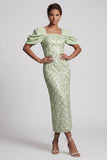 Vestido Midi Mãe da Noiva com Lantejoulas de Sereia Verde Claro com Mangas Bufantes