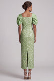 Vestido Midi Mãe da Noiva com Lantejoulas de Sereia Verde Claro com Mangas Bufantes