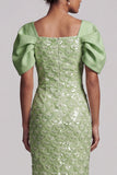 Vestido Midi Mãe da Noiva com Lantejoulas de Sereia Verde Claro com Mangas Bufantes