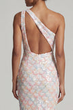Sereia Blush Um Ombro Lantejoulas Vestido Longo Mãe da Noiva