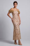 Vestido Midi Mãe da Noiva Rosa Ombros Descobertos Sereia Vestido Midi Mãe da Noiva com Flores 3D
