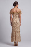 Vestido Midi Mãe da Noiva Rosa Ombros Descobertos Sereia Vestido Midi Mãe da Noiva com Flores 3D