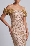 Vestido Midi Mãe da Noiva Rosa Ombros Descobertos Sereia Vestido Midi Mãe da Noiva com Flores 3D