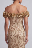 Vestido Midi Mãe da Noiva Rosa Ombros Descobertos Sereia Vestido Midi Mãe da Noiva com Flores 3D