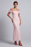 Vestido Midi Mãe da Noiva Rosa Ombros Descobertos Sereia Vestido Midi Mãe da Noiva com Flores 3D