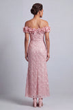 Vestido Midi Mãe da Noiva Rosa Ombros Descobertos Sereia Vestido Midi Mãe da Noiva com Flores 3D