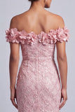 Vestido Midi Mãe da Noiva Rosa Ombros Descobertos Sereia Vestido Midi Mãe da Noiva com Flores 3D
