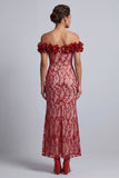 Vestido Midi Mãe da Noiva Rosa Ombros Descobertos Sereia Vestido Midi Mãe da Noiva com Flores 3D