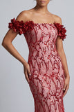 Vestido Midi Mãe da Noiva Rosa Ombros Descobertos Sereia Vestido Midi Mãe da Noiva com Flores 3D