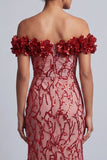 Vestido Midi Mãe da Noiva Rosa Ombros Descobertos Sereia Vestido Midi Mãe da Noiva com Flores 3D