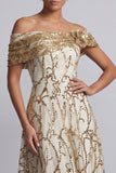 Lantejoulas Linha A Vermelha Fora do Ombro Vestido Midi Mãe da Noiva