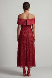 Vestido Midi Mãe da Noiva Vermelho Linha A Fora dos Ombros com Lantejoulas