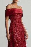 Vestido Midi Mãe da Noiva Vermelho Linha A Fora dos Ombros com Lantejoulas