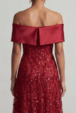 Vestido Midi Mãe da Noiva Vermelho Linha A Fora dos Ombros com Lantejoulas